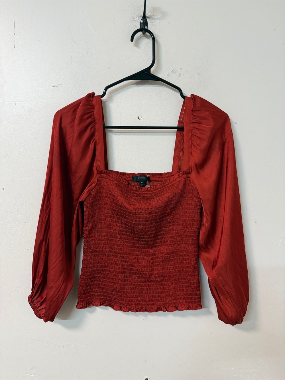 J. Crew Red orange Smocked Square-Neck Long Sleeve Top